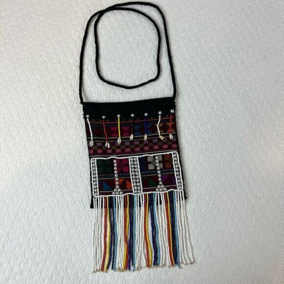 Vintage Handmade Seed Bead Purse Tapestry Cowrie Puka Shells Crossbody Bag - Picture 2 of 16